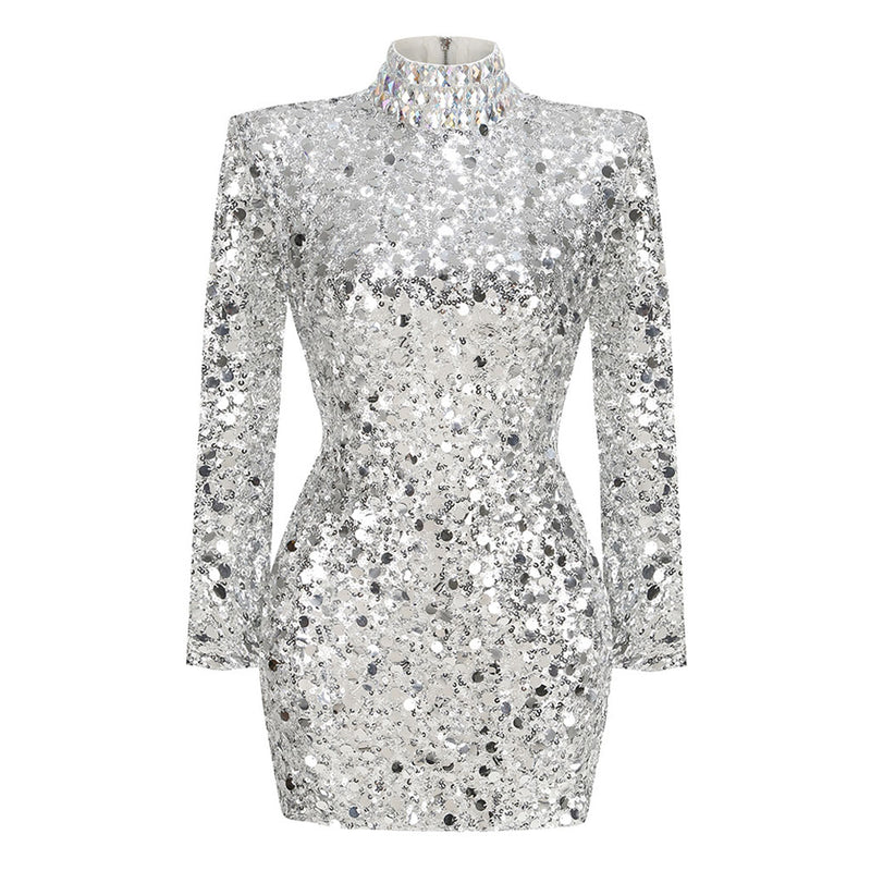 Opulent Rhinestone High Neck Long Sleeve Embellished Sequin Mini Dress