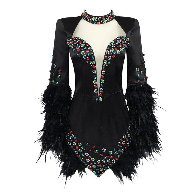 Opulent Rhinestone High Neck Padded Sleeve Sheer Mesh Satin Feather Trim Mini Dress