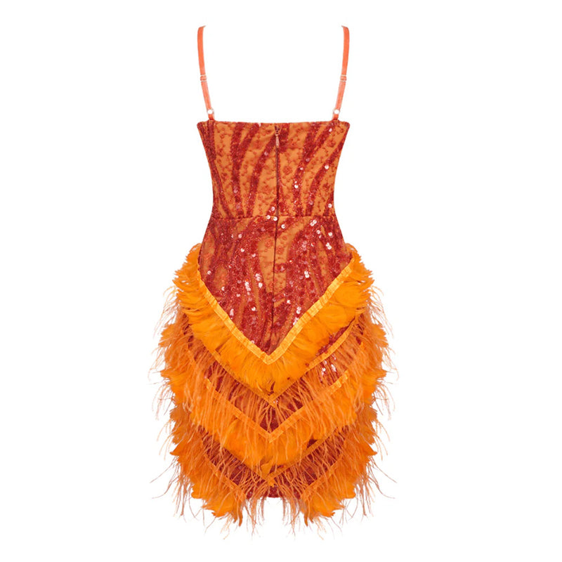 Opulent Sequin Embroidered V Neck Cami Feather Fringe Flapper Mini Dress