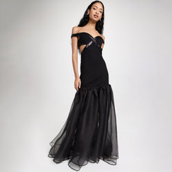 Opulent Sequin Off Shoulder Cutout Bandage Hybrid Fishtail Maxi Formal Dress