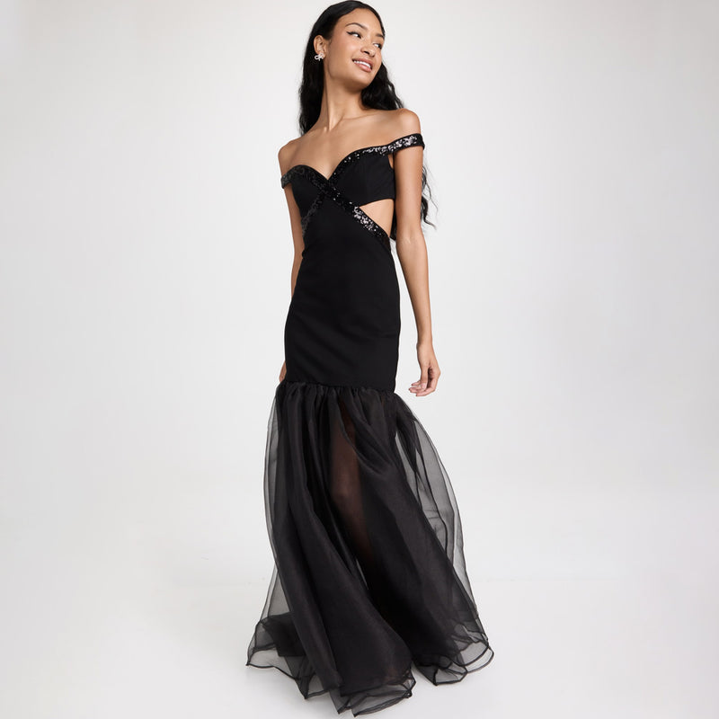 Opulent Sequin Off Shoulder Cutout Bandage Hybrid Fishtail Maxi Formal Dress