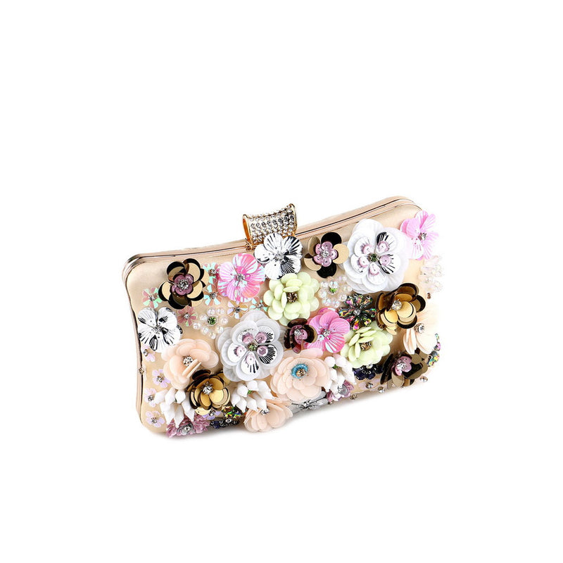 Opulent Sequined Rhinestone Rosette Metallic Chain Rectangle Satin Party Clutch