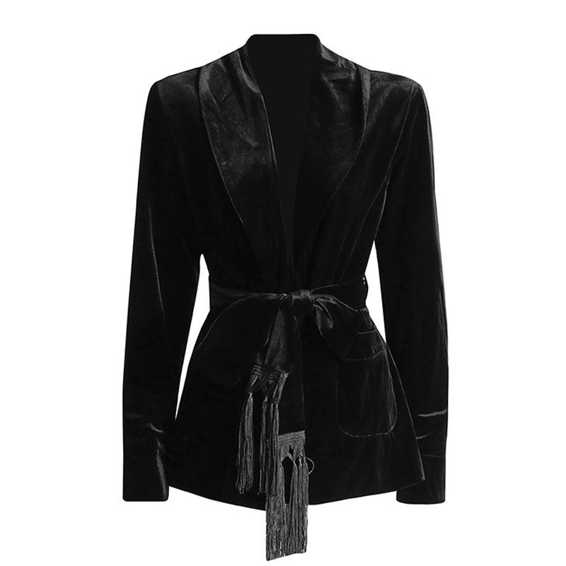 Opulent Shawl Neck Shoulder Pad Long Sleeve Belted Velvet Wrap Blazer