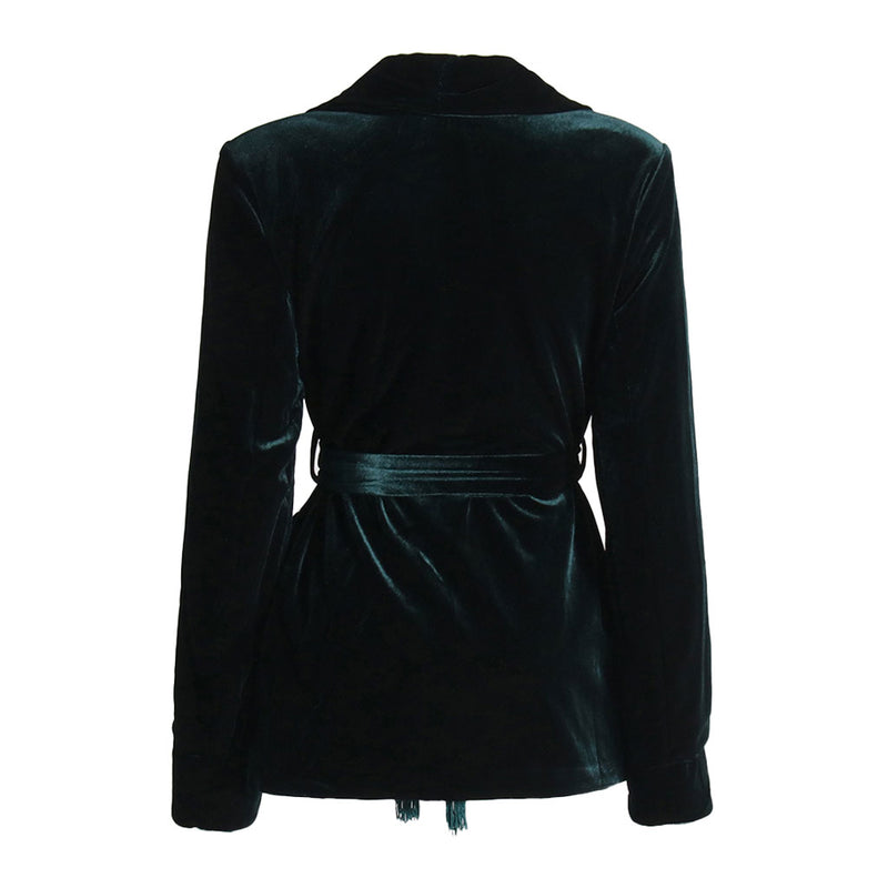 Opulent Shawl Neck Shoulder Pad Long Sleeve Belted Velvet Wrap Blazer