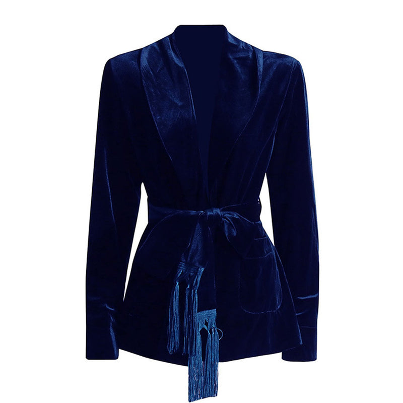 Opulent Shawl Neck Shoulder Pad Long Sleeve Belted Velvet Wrap Blazer