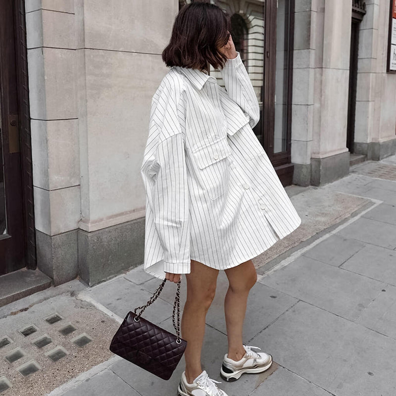 Oversized Black and White Stripe Cargo Pocket Cotton Blend Button Down Shirt