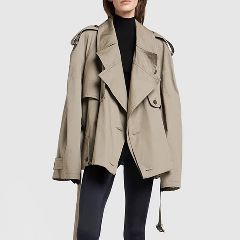 Oversized Folded Lapel Double Breasted Belted Cotton Twill Short Trench Coat