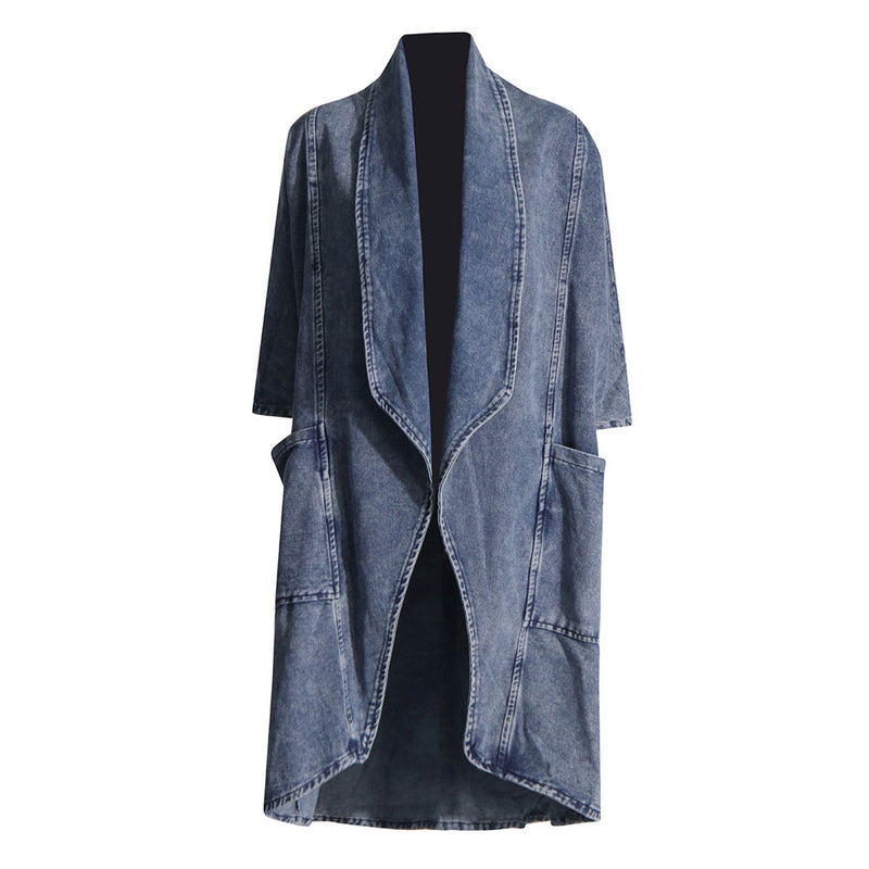 Oversized Shawl Collar Batwing Sleeve Cargo Pocket Denim Duster Jacket