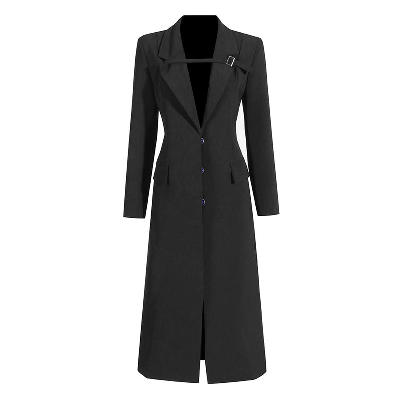 Preppy Belted Lapel Strong Shoulder Long Sleeve Tailored Blazer Midi Dress