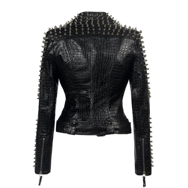 Metallic Spike Zip Up Long Sleeve Crocodile Embossed Vegan Leather Biker Jacket