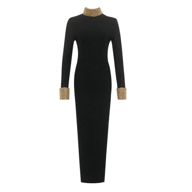 Opulent Faux Pearl High Neck Long Sleeve Cutout Back Bandage Maxi Dress