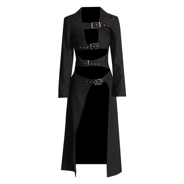 Punk Lapel Buckled Belt Cutout Strong Shoulder High Split Long Tailored Coat