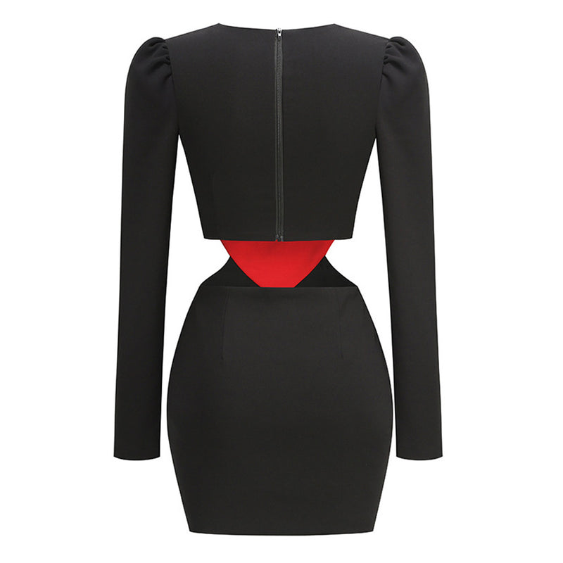 Rebellious Bow Tie Red Heart Cutout Puff Sleeve Bodycon Mini Party Dress