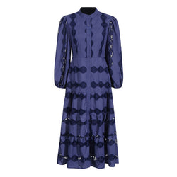 Regal High Neck Blouson Sleeve Button Down Floral Embroidered Midi Dress