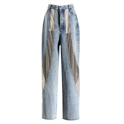 Retro High Waist Sheer Fishnet Crystal Embellished Hybrid Wide Leg Denim Jeans