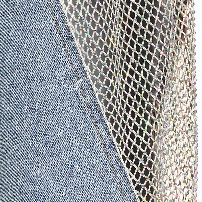 Retro High Waist Sheer Fishnet Crystal Embellished Hybrid Wide Leg Denim Jeans