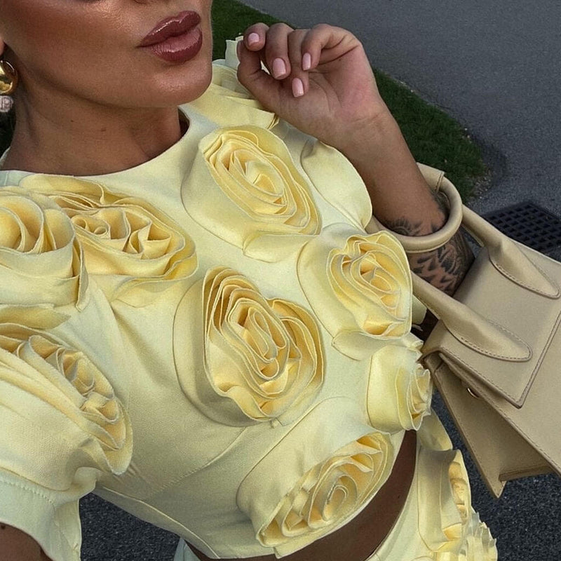 Romantic Crew Neck Short Sleeve Crop Top High Waist Rosette Matching Set