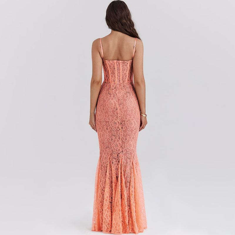 Romantic Floral Lace Bustier Spaghetti Strap Bodycon Godet Fishtail Maxi Dress