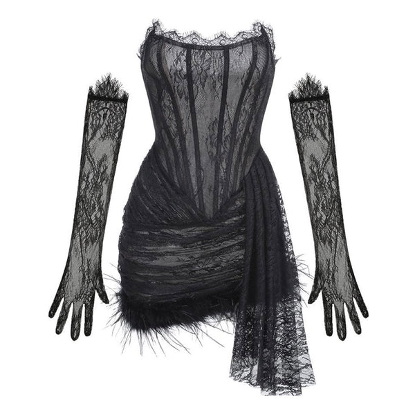 Romantic Lace Strapless Corset Drop Waist Draped Faux Feather Trim Mini Dress