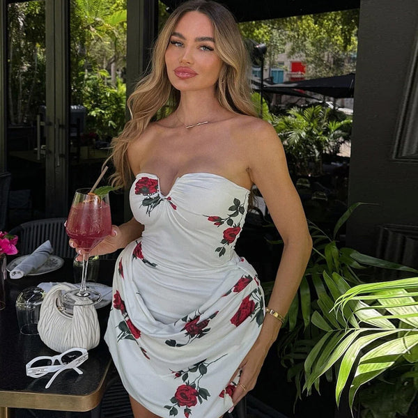 Romantic Rose Print Draped Drop Waist Bodycon Notch Strapless Mini Dress