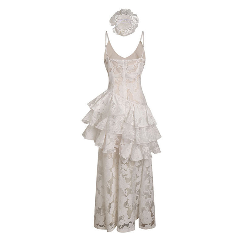 Romantic Rosette Choker Sleeveless Ruffle Tiered Floral Mesh Fishtail Maxi Dress