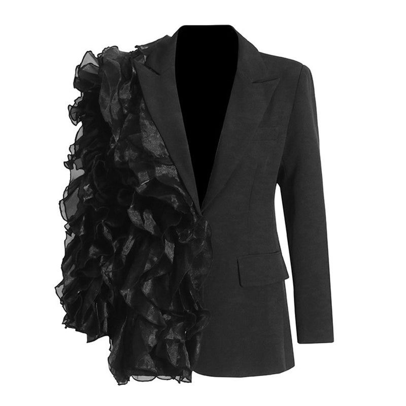 Sculptural Layered Ruffle Lapel Long Sleeve One Button Cinch Waist Blazer