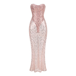 Sexy Bustier Strapless Corset Sheer Mesh Sequin Mermaid Maxi Dress