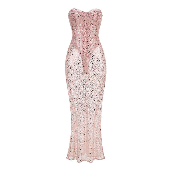 Sexy Bustier Strapless Corset Sheer Mesh Sequin Mermaid Maxi Dress