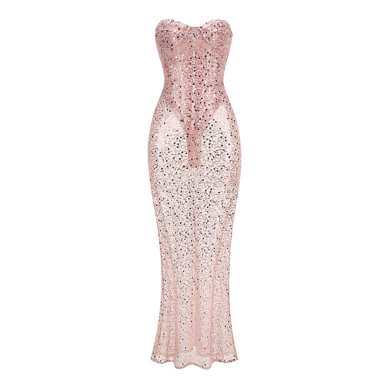 Sexy Bustier Strapless Corset Sheer Mesh Sequin Mermaid Maxi Dress