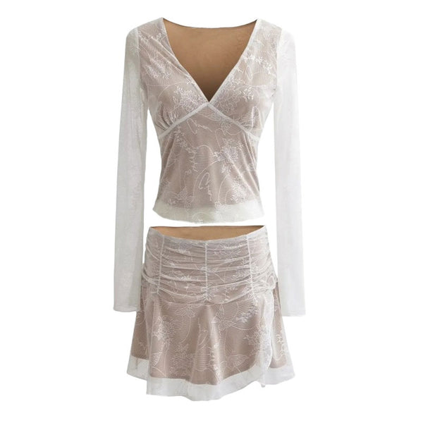 Sexy Butterfly Lace V Neck Sheer Sleeve Top Ruched Mini Skirt Matching Set