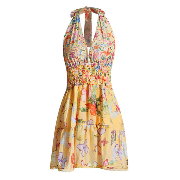 Sexy Butterfly Print Plunge Halter Shirred Backless Vacation Mini Dress