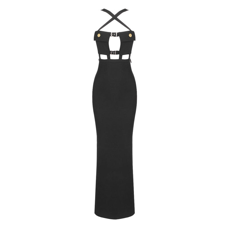 Sexy Crossover Front Chest Pocket Cutout Buckled Strap Split Maxi Evening Dress