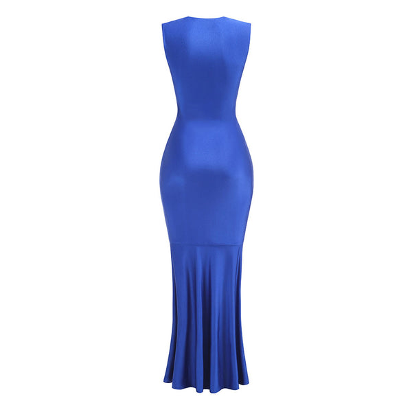 Sexy Crystal V Neck Sleeveless Ruched Bodycon Fishtail Maxi Evening Dress