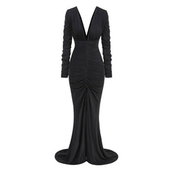 Sexy Deep V Neck Ruched Long Sleeve Split Fishtail Maxi Evening Dress