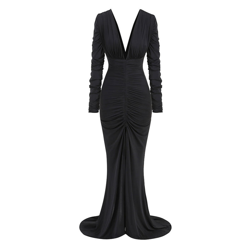 Sexy Deep V Neck Ruched Long Sleeve Split Fishtail Maxi Evening Dress