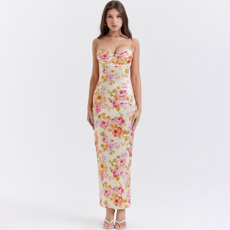Sexy Lacy Trim Sweetheart Neck Floral Printed Back Split Maxi Satin Sl –  Luxedress