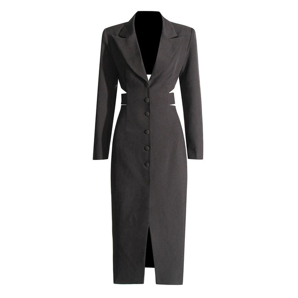 Sexy Lapel Single Breasted Belted Cinch Waist Long Sleeve Blazer Midi Dress