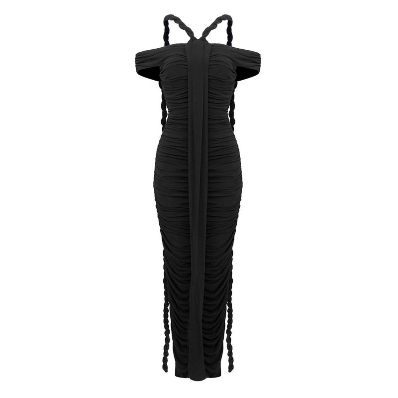 Sexy Off Shoulder Ruched Bodycon Jersey Draped Braid Rope Maxi Dress