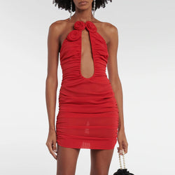 Sexy Rosette Applique Halter Plunge Neck Ruched Bodycon Mesh Mini Party Dress