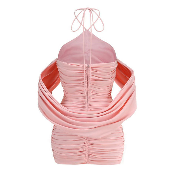 Sexy Rosette Halter Off Shoulder Draped Ruched Bodycon Mini Party Dress