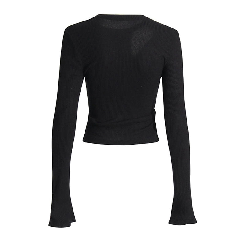 Sexy Round Neck Cutout Ruched Tie Split Long Sleeve Slim Fit Ribbed Top