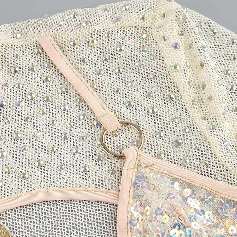 Sexy Sequin Wrapped Bra Cutout Rhinestone Fishnet Club Mini Dress