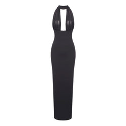 Sexy Sheer Mesh Scarf Plunge Halter Open Back Jersey Maxi Evening Dress