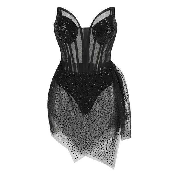 Sexy Sheer Mesh Sequin Rhinestone Sweetheart Corset Bustier Strapless Mini Dress