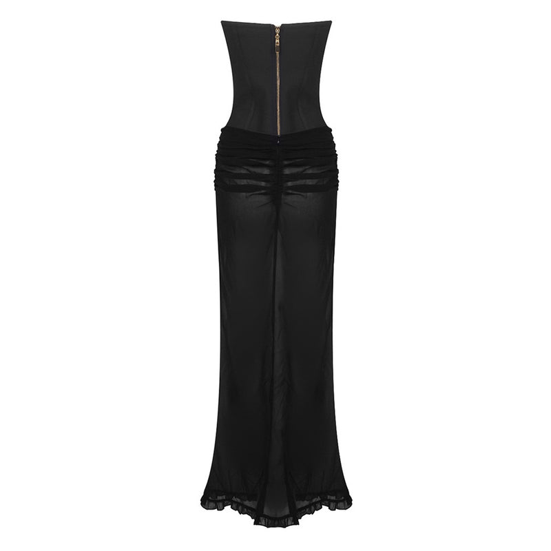 Sexy Sheer Panel Demi Tube Top Ruched Low Waist Chiffon Skirt Matching Set