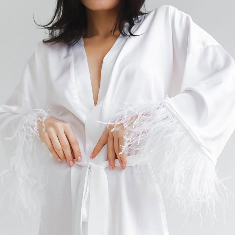 Sexy Silky Wrap Tie Feather Trim Bell Sleeve Satin Swan Cover Up Mini Robe