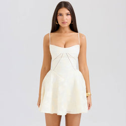 Sexy Spaghetti Strap Lace Up Back Drop Waist Floral Jacquard Slip Mini Dress