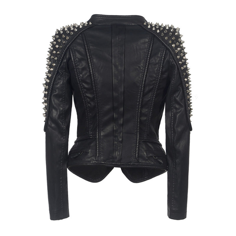 Sharp Metal Rivet High Neck Long Sleeve Zip Up Faux Leather Biker Jacket