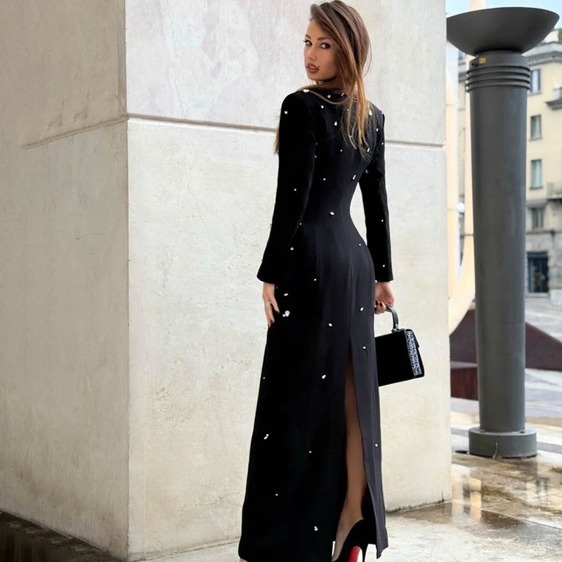 Sparkly Crystal Crew Neck Shoulder Pad Long Sleeve Crepe Maxi Evening Dress