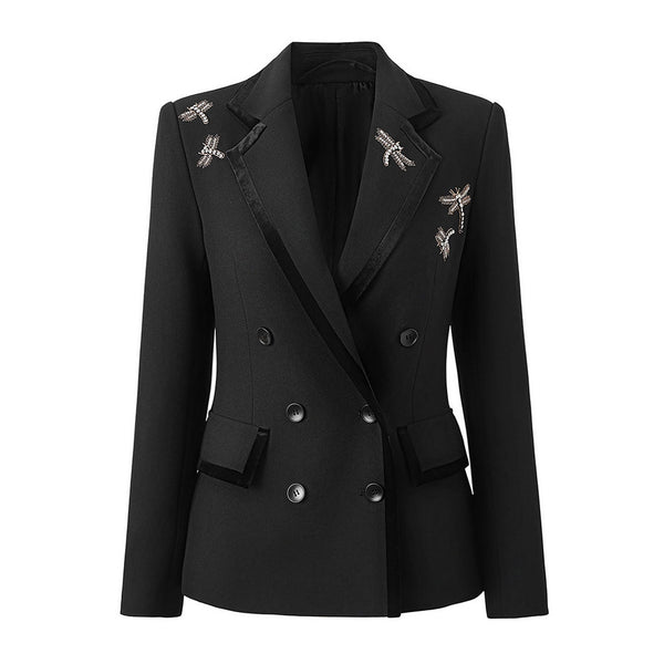 Sparkly Crystal Dragonfly Velvet Trim Lapel Double Breasted Tailored Blazer